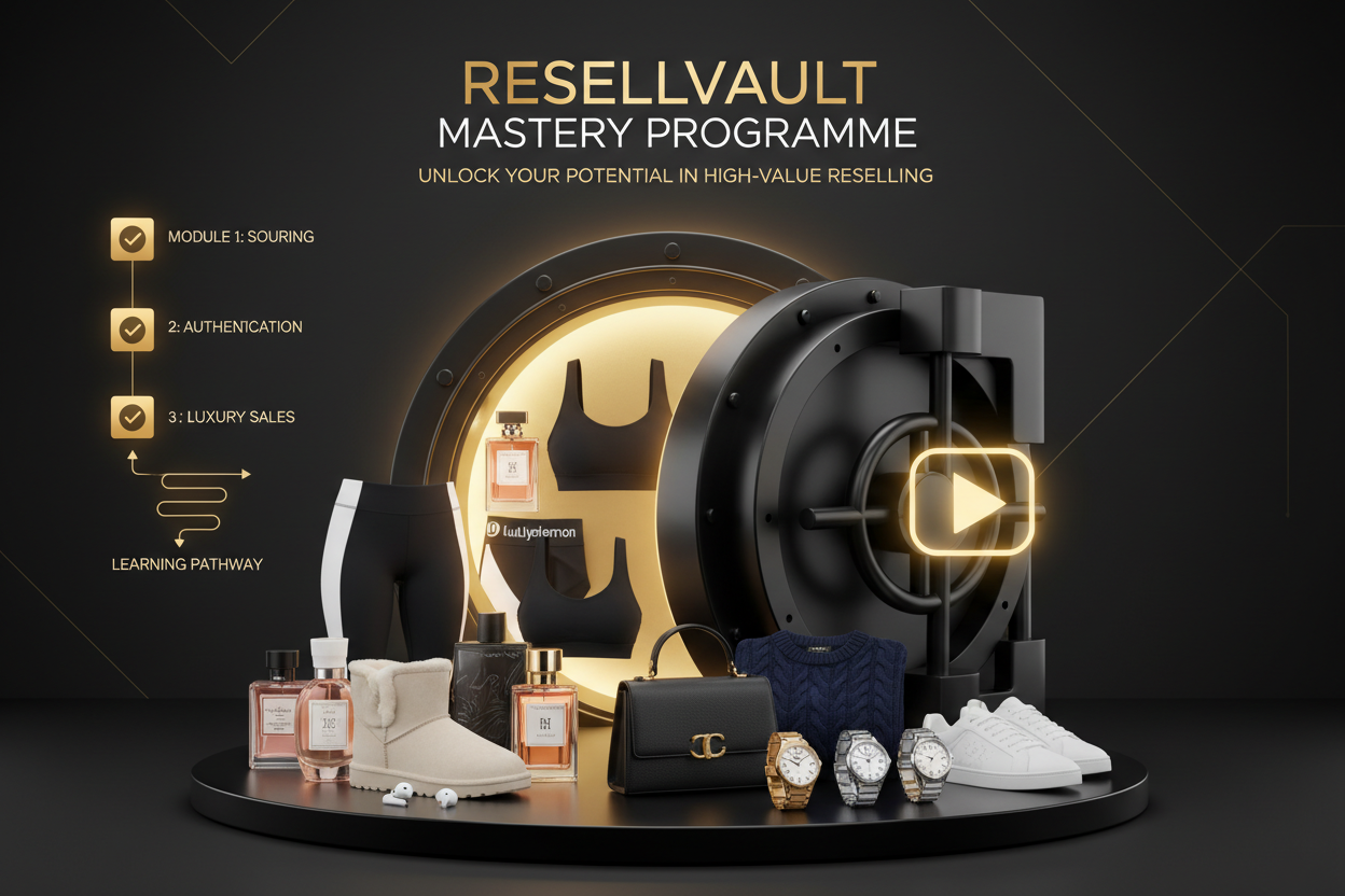  name it resellvault mastery programme and have a black open vault and show a variety of different items like airpods perfumes uggs polo ralph lauren knitwear lulemon and more and maske it an elegant and modern eye catching design and show in the image that its a course