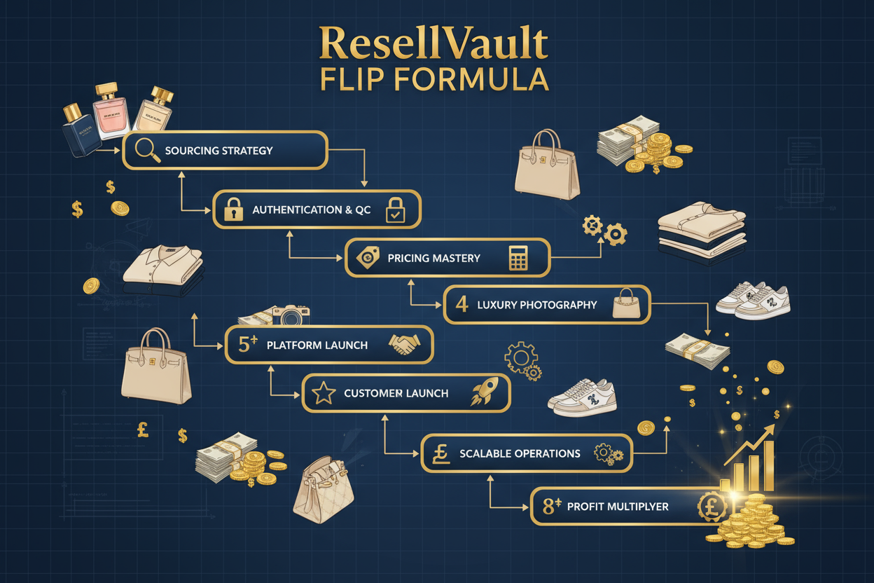 ResellVault Flip Formula this is a course so create the image as a formula where it is structured in 8 modules and it tells you everything about reselling and have alot of cash in the image and items like perfumes and polo ralph lauren knitwear and designer items and shoes and clothing